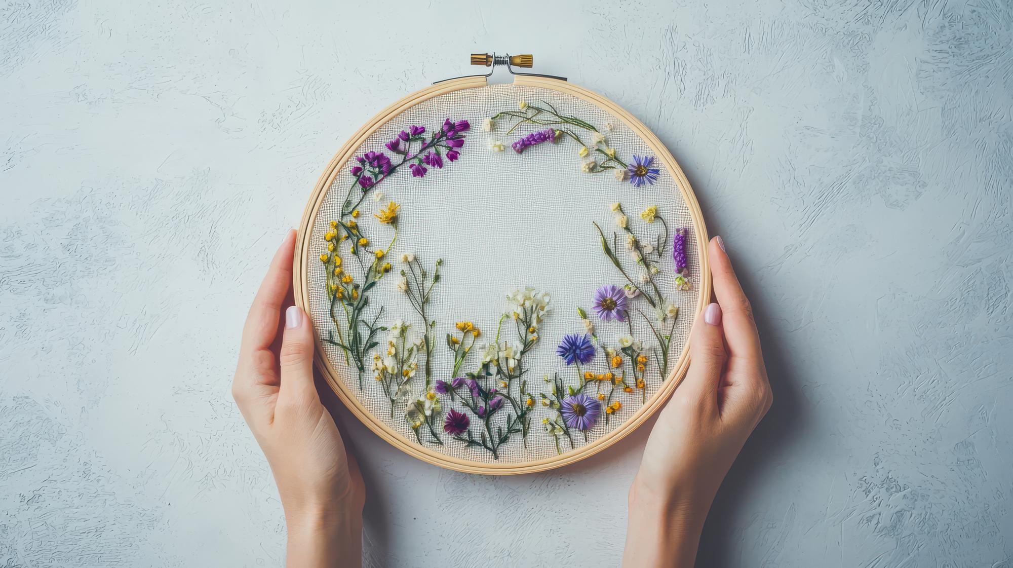 Person stitching an embroidered floral pattern on hoop